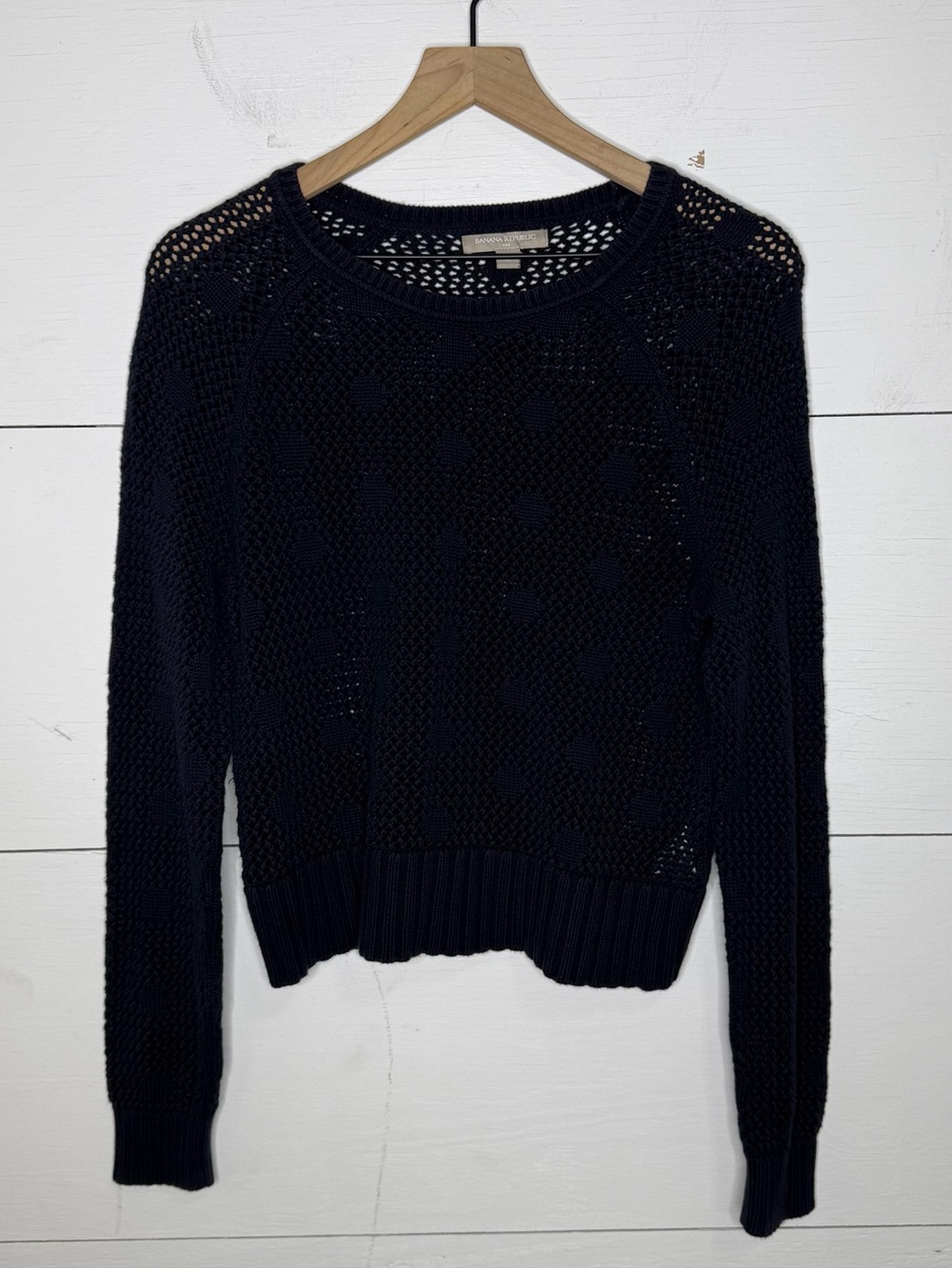 Banana Republic • Navy Open-Knit Polka Dot Crewneck Sweater Size Medium